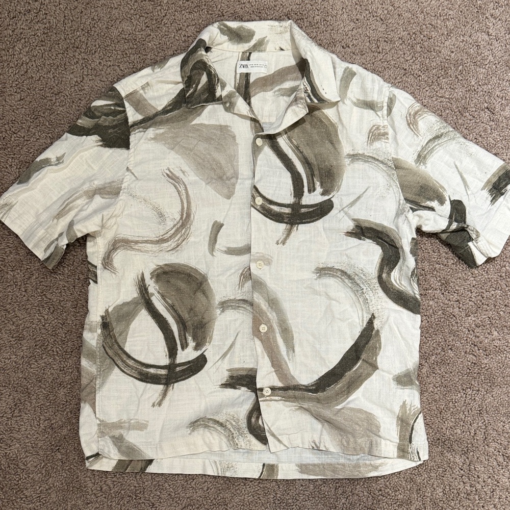 Zara Abstract Print Casual Button Down Shirt - White and Gray